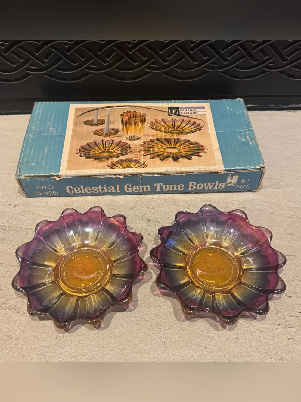 Federal Glass Celestial Gem-Tone Bowls S-498, 6“, original box